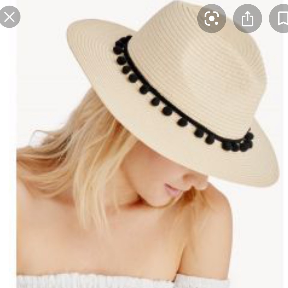 Sole Society Cream Straw Fedora with Black Pom Pom Trim